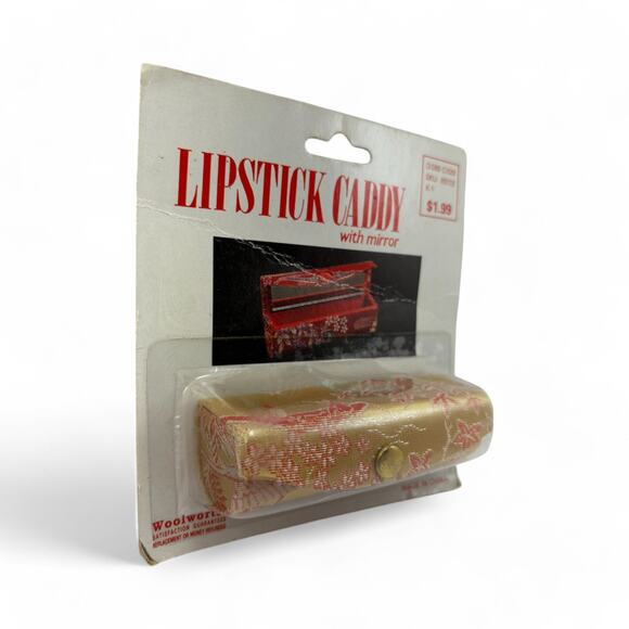Vintage Woolworth Lipstick Caddy with Mirror Gold & Red Floral – New in Package - Picture 2 of 4